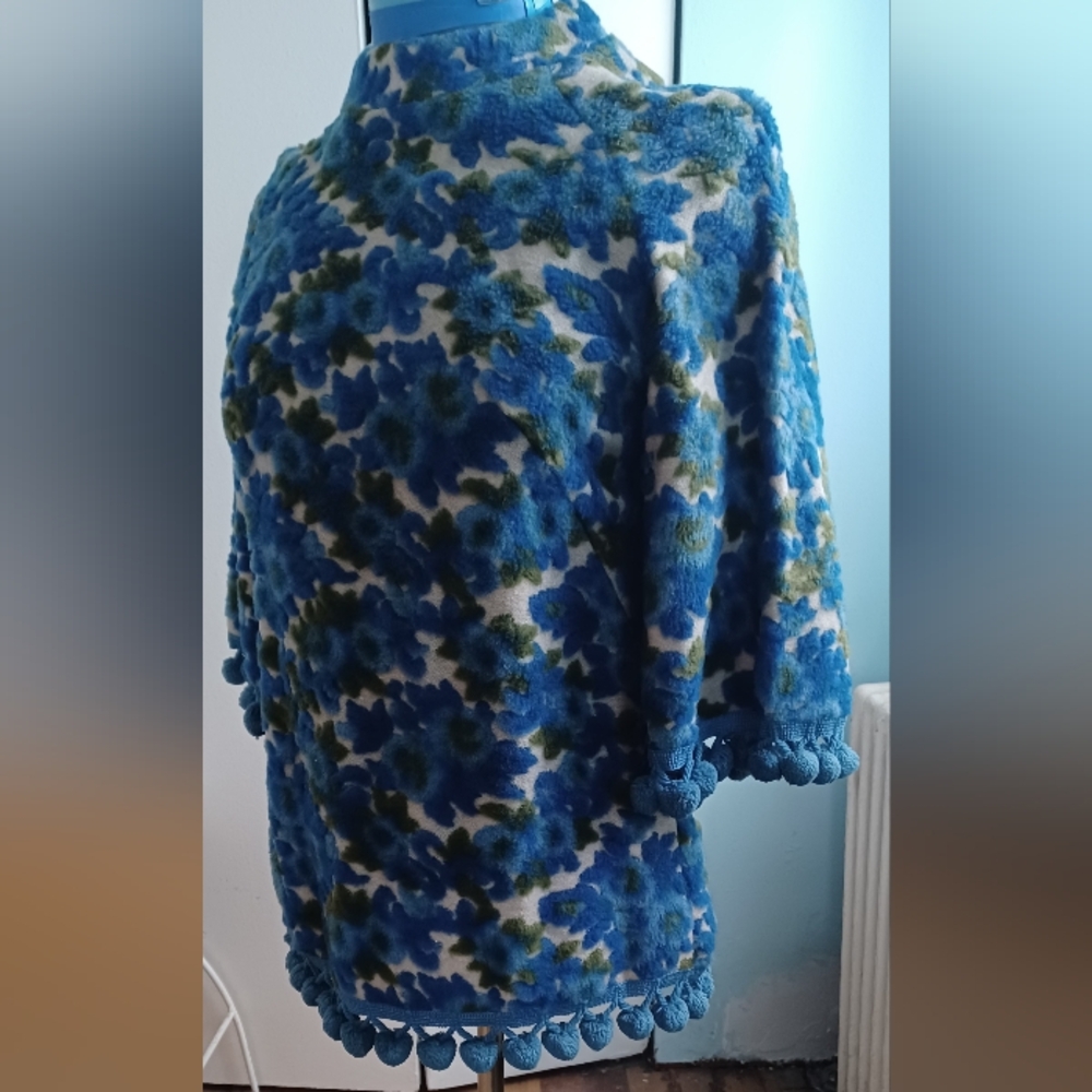 Vintage B Altman & Co Floral Blue and Green Tunic with Pom-Pom Trim